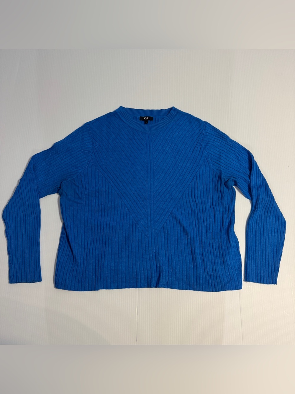 C&A Blue Ribbed Knit Sweater XL Chevron Textured Crewneck Soft Stretch Top